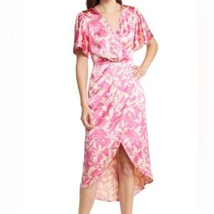 CHELSEA28 Satin Faux Wrap Midi Dress In Pink- Beige size small
